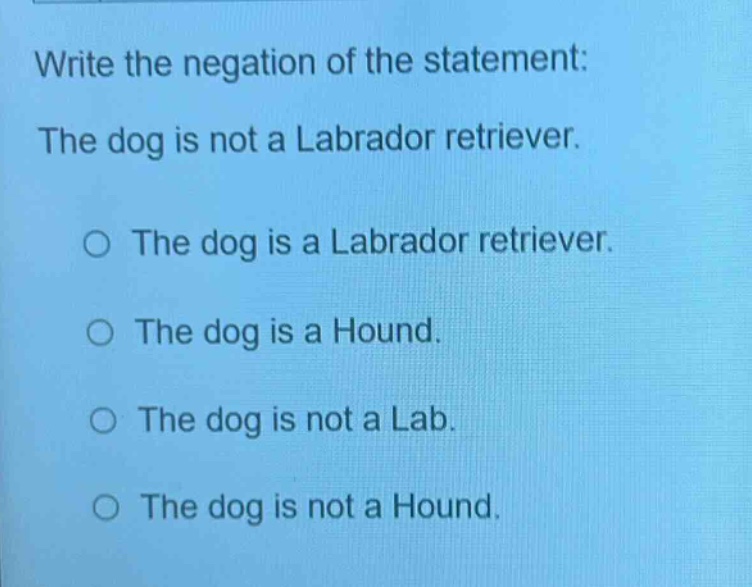 write the negation of the statement: the dog is not a labrador retriever. the dog is a labrador retriever. the dog is a hound. the dog is not a lab. the dog is not a hound.