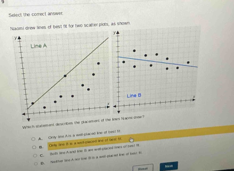 select the correct answer. naomi drew lines of best fit for two scatter plots, as shown. which statement describes the placement of the lines naomi drew? a. only line a is a well - placed line of best fit. b. only line b is a well - placed line of best fit. c. both line a and line b are well - placed lines of best fit. d. neither line a nor line b is a well - placed line of best fit.