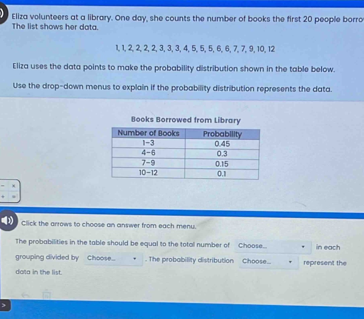 eliza volunteers at a library. one day, she counts the number of books the first 20 people borrow. the list shows her data. 1,1,2,2,2,2,3,3,3,4,5,5,5,6,6,7,7,9,10,12 eliza uses the data points to make the probability distribution shown in the table below. use the drop - down menus to explain if the probability distribution represents the data. books borrowed from library number of books probability 1 - 3 0.45 4 - 6 0.3 7 - 9 0.15 10 - 12 0.1 click the arrows to choose an answer from each menu. the probabilities in the table should be equal to the total number of choose... in each grouping divided by choose... . the probability distribution choose... represent the data in the list.