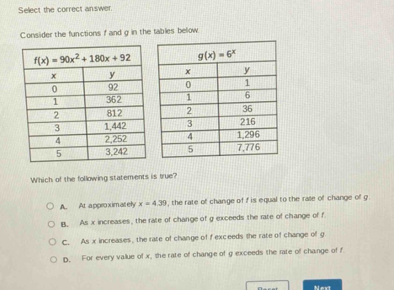 select the correct answer. consider the functions f and g in the tables below. f(x)=90x² + 180x + 92 g(x)=6^x x y x y 0 92 0 1 1 362 1 6 2 812 2 36 3 1,442 3 216 4 2,252 4 1,296 5 3,242 5 7,776 which of the following statements is true? a. at approximately x = 4.39, the rate of change of f is equal to the rate of change of g. b. as x increases, the rate of change of g exceeds the rate of change of f. c. as x increases, the rate of change of f exceeds the rate of change of g. d. for every value of x, the rate of change of g exceeds the rate of change of f.