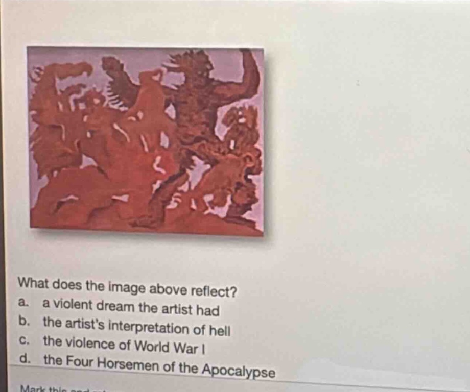 what does the image above reflect? a. a violent dream the artist had b. the artists interpretation of hell c. the violence of world war i d. the four horsemen of the apocalypse