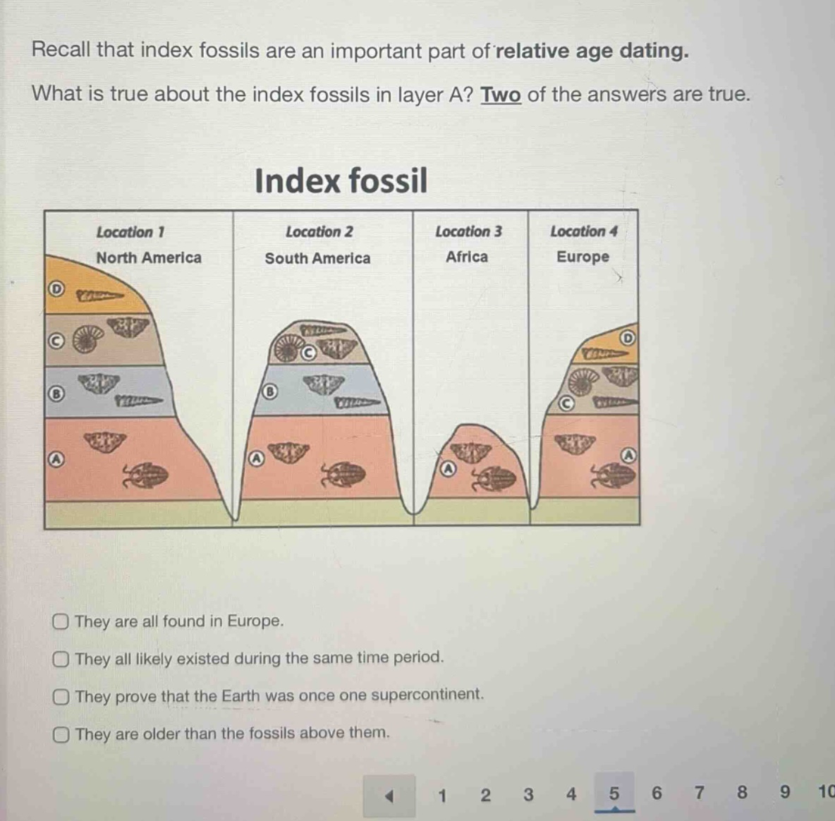 recall that index fossils are an important part of relative age dating. what is true about the index fossils in layer a? two of the answers are true. index fossil location 1 north america location 2 south america location 3 africa location 4 europe they are all found in europe. they all likely existed during the same time period. they prove that the earth was once one supercontinent. they are older than the fossils above them.