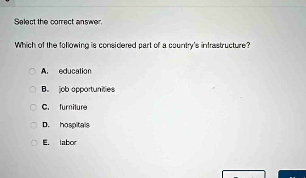 select the correct answer. which of the following is considered part of a country’s infrastructure? a. education b. job opportunities c. furniture d. hospitals e. labor