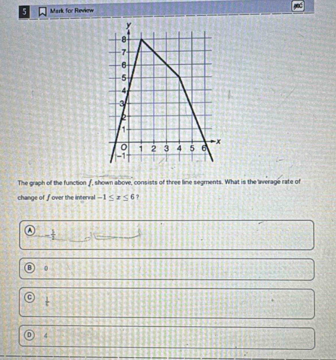 5 mark for review the graph of the function f, shown above, consists of three line segments. what is the average rate of change of f over the interval -1 ≤ x ≤ 6? a -5/2 b 0 c 1/6 d 4