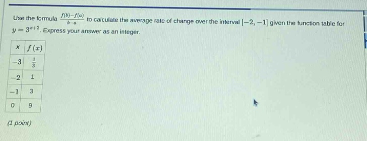 use the formula $\frac{f(b)-f(a)}{b - a}$ to calculate the average rate of change over the interval $-2,-1$ given the function table for $y = 3^{x + 2}$. express your answer as an integer.\n$x$ $f(x)$\n$-3$ $\frac{1}{3}$\n$-2$ $1$\n$-1$ $3$\n$0$ $9$\n(1 point)