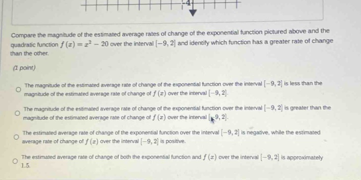 compare the magnitude of the estimated average rates of change of the exponential function pictured above and the quadratic function f(x)=x² - 20 over the interval -9,2 and identify which function has a greater rate of change than the other. (1 point) the magnitude of the estimated average rate of change of the exponential function over the interval -9,2 is less than the magnitude of the estimated average rate of change of f(x) over the interval -9,2. the magnitude of the estimated average rate of change of the exponential function over the interval -9,2 is greater than the magnitude of the estimated average rate of change of f(x) over the interval -9,2. the estimated average rate of change of the exponential function over the interval -9,2 is negative, while the estimated average rate of change of f(x) over the interval -9,2 is positive. the estimated average rate of change of both the exponential function and f(x) over the interval -9,2 is approximately 1.5.