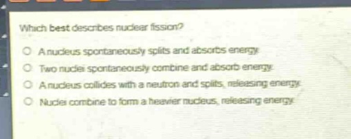 which best describes nuclear fission? a nucleus spontaneously splits and absorbs energy. two nuclei spontaneously combine and absorb energy. a nucleus collides with a neutron and splits, releasing energy. nuclei combine to form a heavier nucleus, releasing energy.