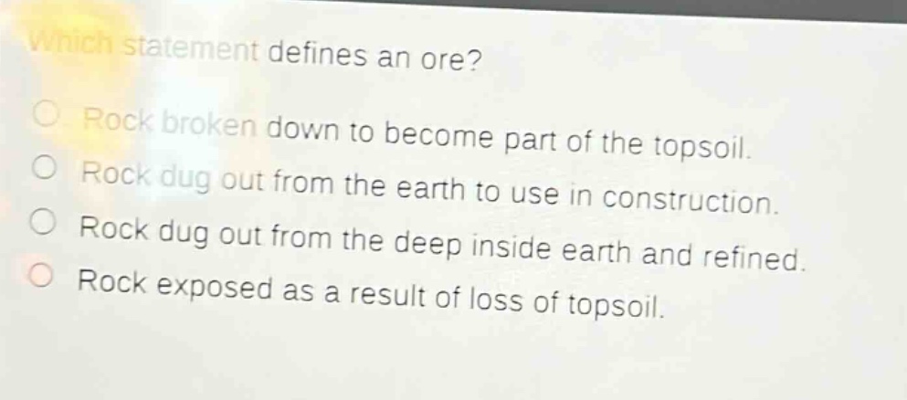 which statement defines an ore? rock broken down to become part of the topsoil. rock dug out from the earth to use in construction. rock dug out from the deep inside earth and refined. rock exposed as a result of loss of topsoil.