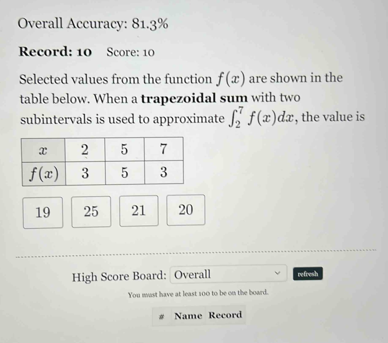 overall accuracy: 81.3% record: 10 score: 10 selected values from the function f(x) are shown in the table below. when a trapezoidal sum with two subintervals is used to approximate ∫₂⁷ f(x)dx, the value is x 2 5 7 f(x) 3 5 3 19 25 21 20 high score board: overall refresh you must have at least 100 to be on the board. # name record