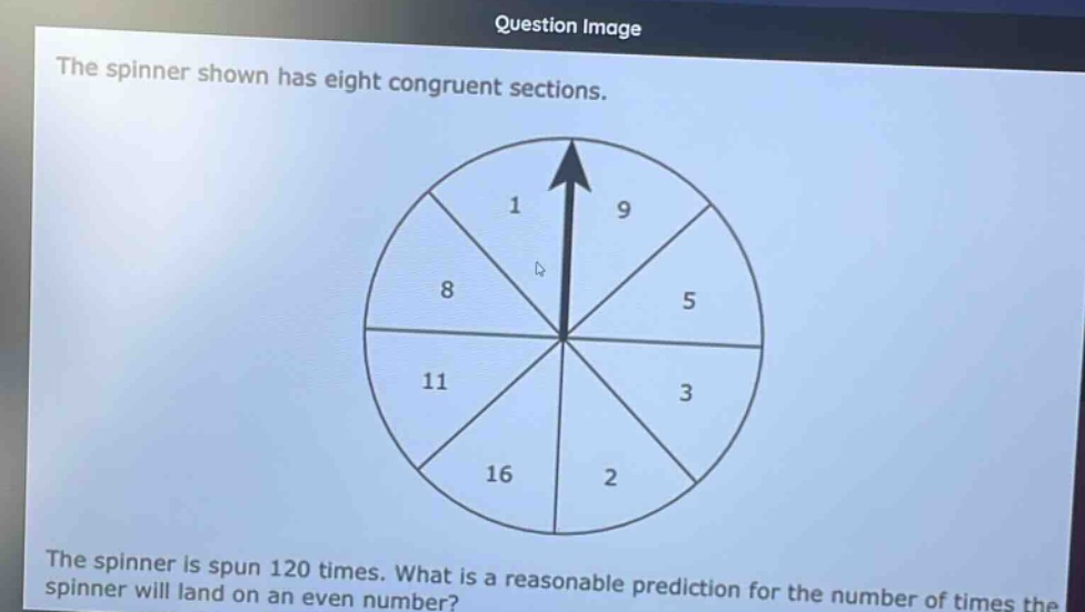 the spinner shown has eight congruent sections. the spinner is spun 120 times. what is a reasonable prediction for the number of times the spinner will land on an even number?