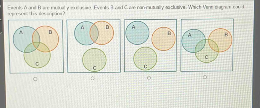 events a and b are mutually exclusive. events b and c are non - mutually exclusive. which venn diagram could represent this description?