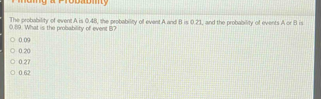 the probability of event a is 0.48, the probability of event a and b is 0.21, and the probability of events a or b is 0.89. what is the probability of event b? 0.09 0.20 0.27 0.62