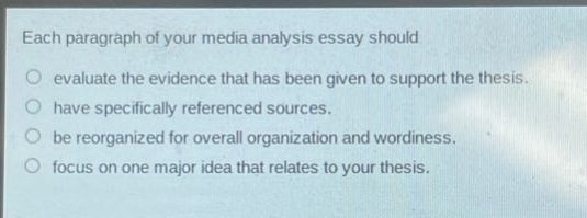 each paragraph of your media analysis essay should\no evaluate the evidence that has been given to support the thesis.\no have specifically referenced sources.\no be reorganized for overall organization and wordiness.\no focus on one major idea that relates to your thesis.