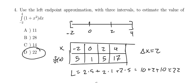 4. use the left endpoint approximation, with three intervals, to estimate the value of ∫-2 to 4(1 + x²)dx a ) 11 b ) 28 c ) 14 d ) 22