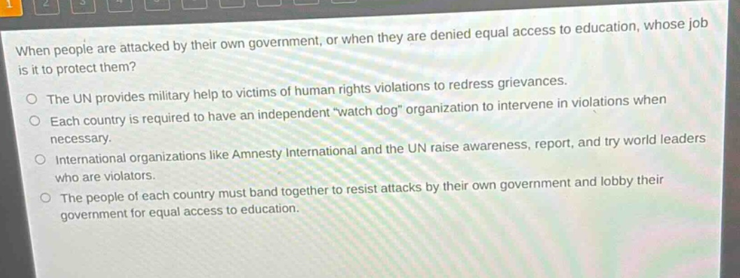 when people are attacked by their own government, or when they are denied equal access to education, whose job is it to protect them?\nthe un provides military help to victims of human rights violations to redress grievances.\neach country is required to have an independent “watch dog” organization to intervene in violations when necessary.\ninternational organizations like amnesty international and the un raise awareness, report, and try world leaders who are violators.\nthe people of each country must band together to resist attacks by their own government and lobby their government for equal access to education.