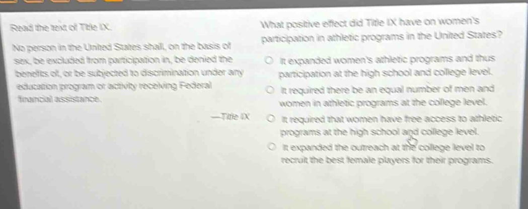 read the text of title ix. no person in the united states shall, on the basis of sex, be excluded from participation in, be denied the benefits of, or be subjected to discrimination under any education program or activity receiving federal financial assistance. —title ix what positive effect did title ix have on womens participation in athletic programs in the united states? it expanded womens athletic programs and thus participation at the high school and college level. it required there be an equal number of men and women in athletic programs at the college level. it required that women have free access to athletic programs at the high school and college level. it expanded the outreach at the college level to recruit the best female players for their programs.