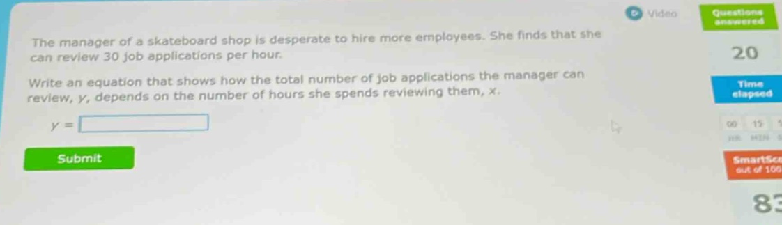 the manager of a skateboard shop is desperate to hire more employees. she finds that she can review 30 job applications per hour. write an equation that shows how the total number of job applications the manager can review, y, depends on the number of hours she spends reviewing them, x. y =