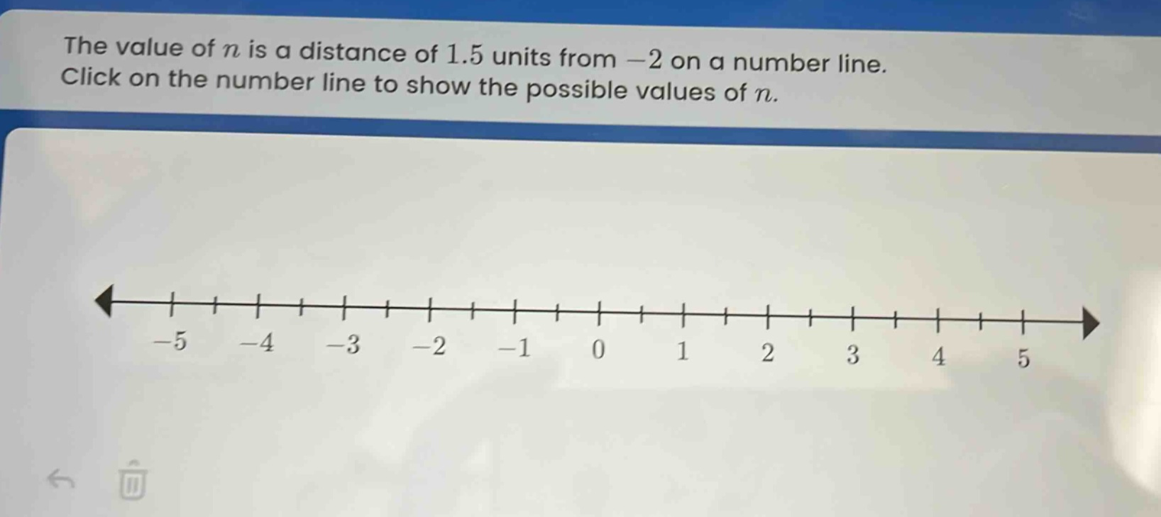 the value of n is a distance of 1.5 units from -2 on a number line. click on the number line to show the possible values of n.