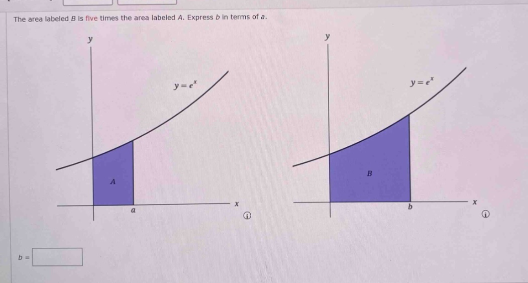the area labeled b is five times the area labeled a. express b in terms of a. y y y = e^x y = e^x a b x x a b b =