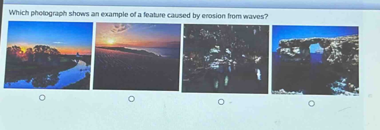 which photograph shows an example of a feature caused by erosion from waves?