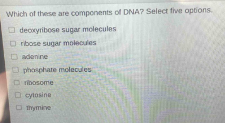 which of these are components of dna? select five options. deoxyribose sugar molecules ribose sugar molecules adenine phosphate molecules ribosome cytosine thymine