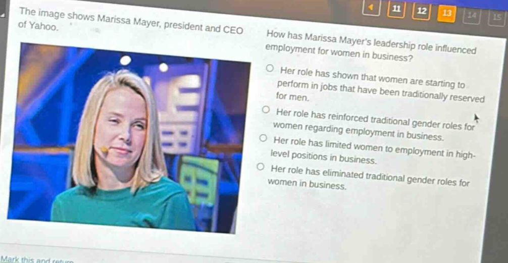 the image shows marissa mayer, president and ceo of yahoo. how has marissa mayers leadership role influenced employment for women in business? her role has shown that women are starting to perform in jobs that have been traditionally reserved for men. her role has reinforced traditional gender roles for women regarding employment in business. her role has limited women to employment in high - level positions in business. her role has eliminated traditional gender roles for women in business.