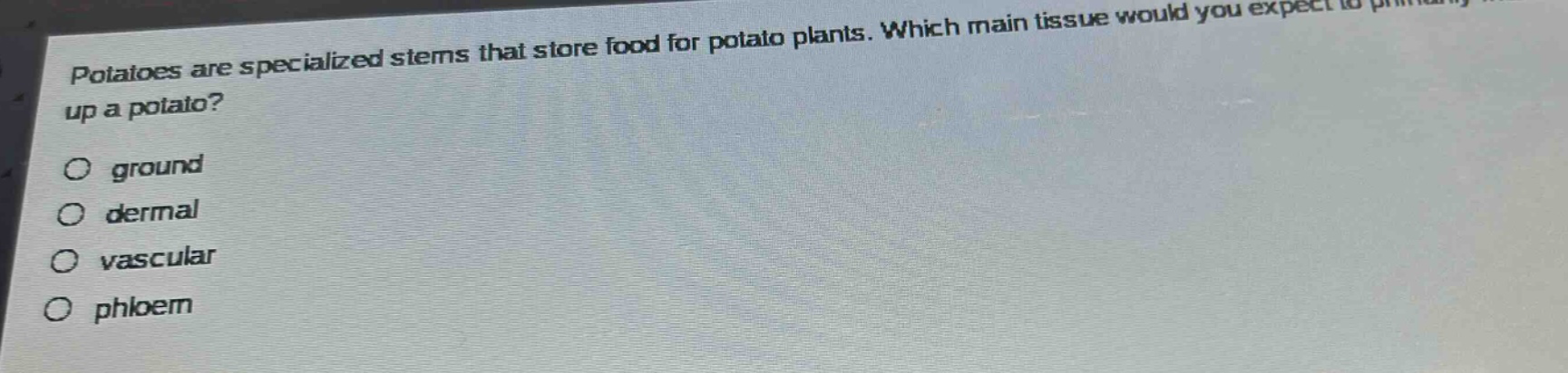 potatoes are specialized stems that store food for potato plants. which main tissue would you expect to primarily make up a potato?\no ground\no dermal\no vascular\no phloem
