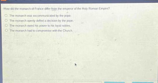 how did the monarch of france differ from the emperor of the holy roman empire?\nthe monarch was excommunicated by the pope.\nthe monarch openly defied a decision by the pope.\nthe monarch owed his power to his loyal nobles.\nthe monarch had to compromise with the church.