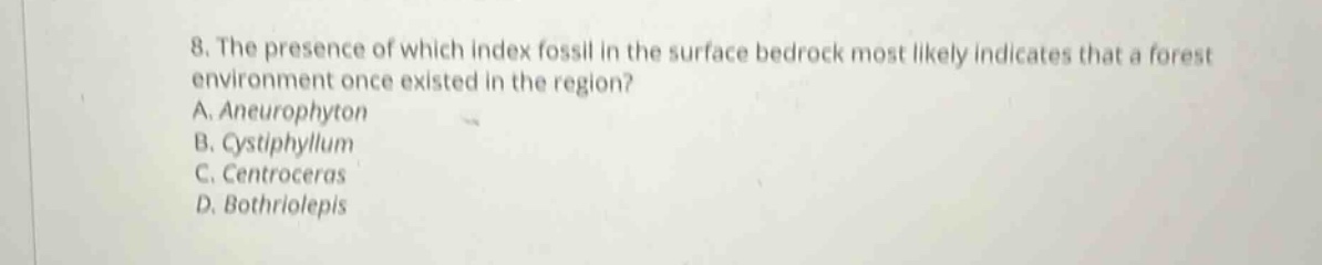 8. the presence of which index fossil in the surface bedrock most likely indicates that a forest environment once existed in the region? a. aneurophyton b. cystiphyllum c. centroceras d. bothriolepis