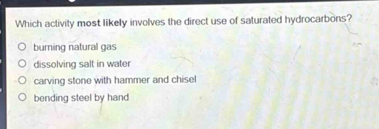 which activity most likely involves the direct use of saturated hydrocarbons?\no burning natural gas\no dissolving salt in water\no carving stone with hammer and chisel\no bending steel by hand