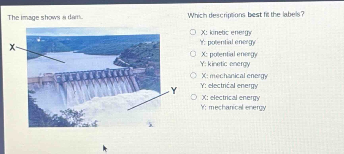 the image shows a dam. which descriptions best fit the labels? x: kinetic energy y: potential energy x: potential energy y: kinetic energy x: mechanical energy y: electrical energy x: electrical energy y: mechanical energy