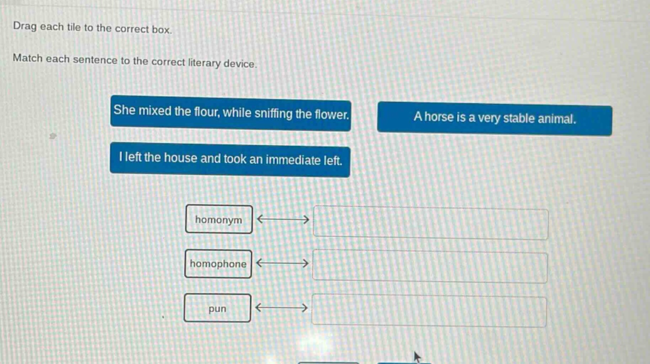 drag each tile to the correct box. match each sentence to the correct literary device. she mixed the flour, while sniffing the flower. a horse is a very stable animal. i left the house and took an immediate left. homonym homophone pun