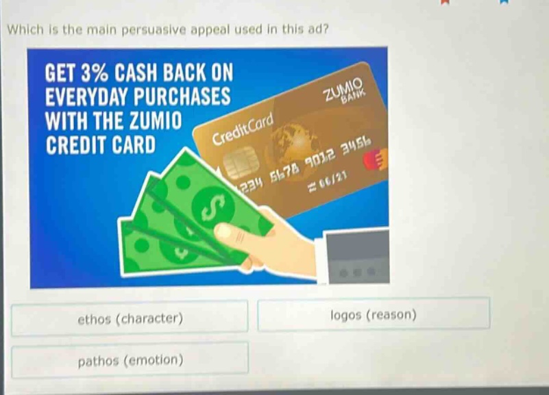 which is the main persuasive appeal used in this ad? get 3% cash back on everyday purchases with the zumio credit card ethos (character) logos (reason) pathos (emotion)