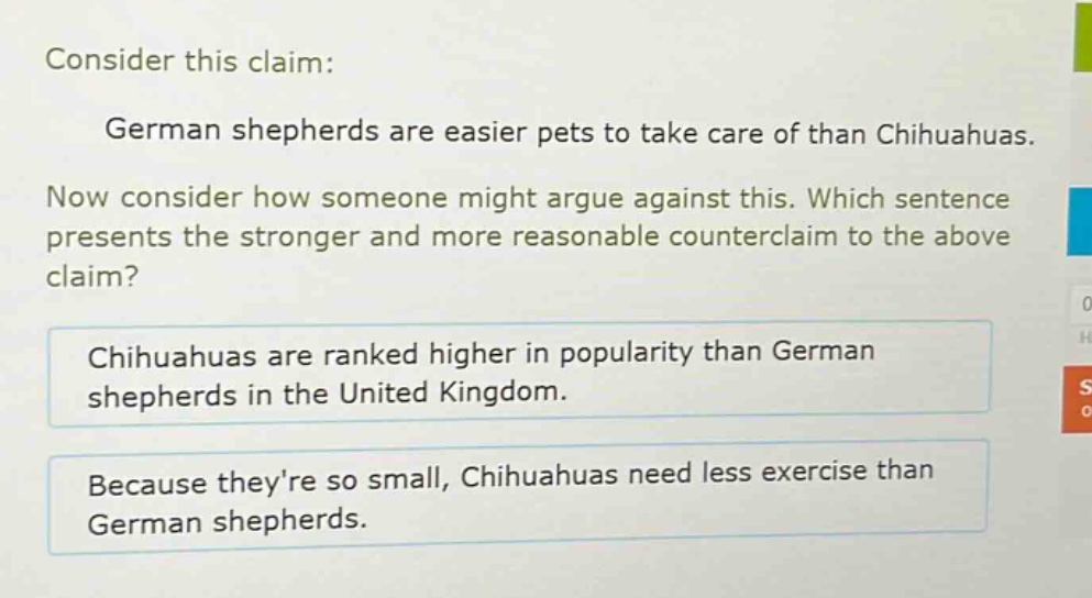 consider this claim: german shepherds are easier pets to take care of than chihuahuas. now consider how someone might argue against this. which sentence presents the stronger and more reasonable counter - claim to the above claim? chihuahuas are ranked higher in popularity than german shepherds in the united kingdom. because theyre so small, chihuahuas need less exercise than german shepherds.