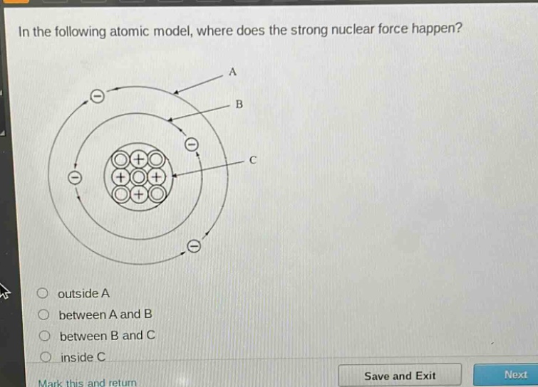 in the following atomic model, where does the strong nuclear force happen? outside a between a and b between b and c inside c