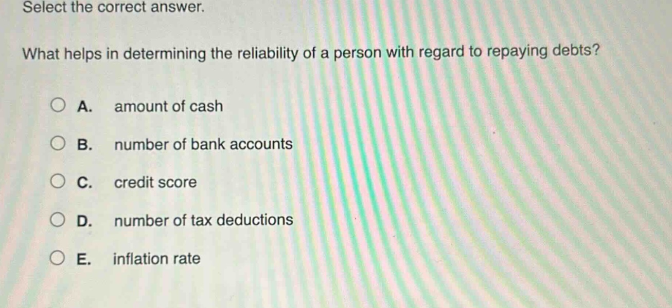 select the correct answer. what helps in determining the reliability of a person with regard to repaying debts? a. amount of cash b. number of bank accounts c. credit score d. number of tax deductions e. inflation rate