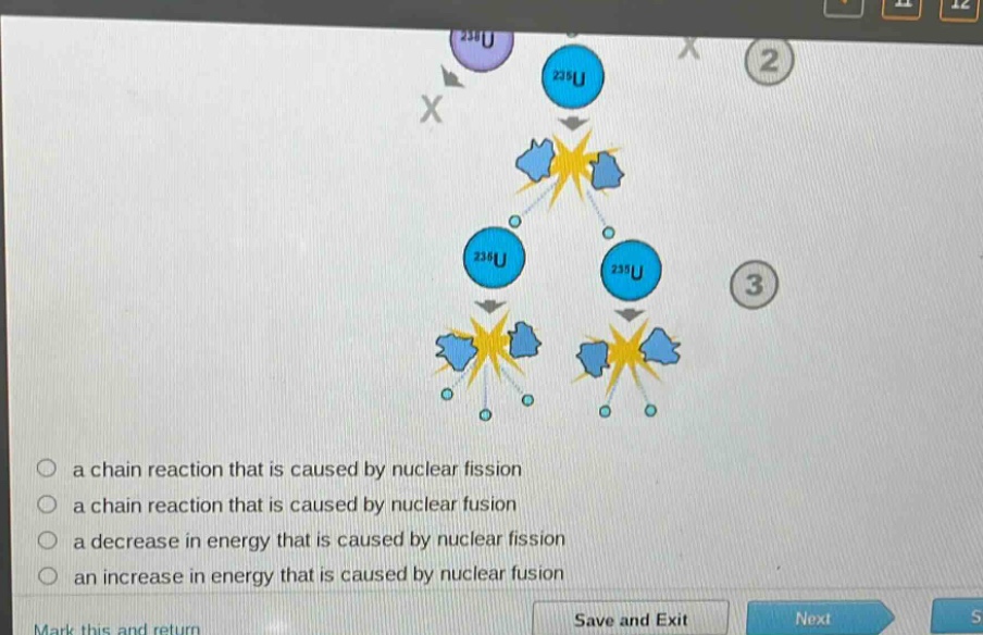 a chain reaction that is caused by nuclear fission\na chain reaction that is caused by nuclear fusion\na decrease in energy that is caused by nuclear fission\nan increase in energy that is caused by nuclear fusion
