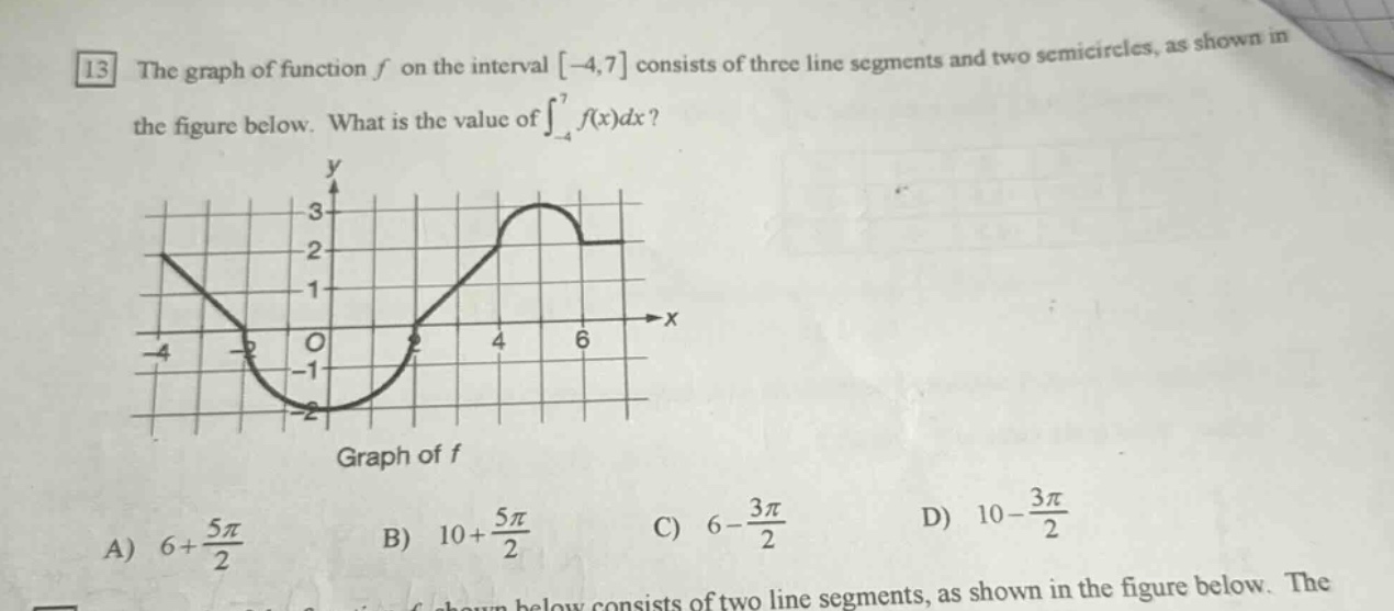the graph of function f on the interval -4,7 consists of three line segments and two semicircles, as shown in the figure below. what is the value of ∫-4,7 f(x)dx? graph of f a) 6 + 5π/2 b) 10 + 5π/2 c) 6 - 3π/2 d) 10 - 3π/2