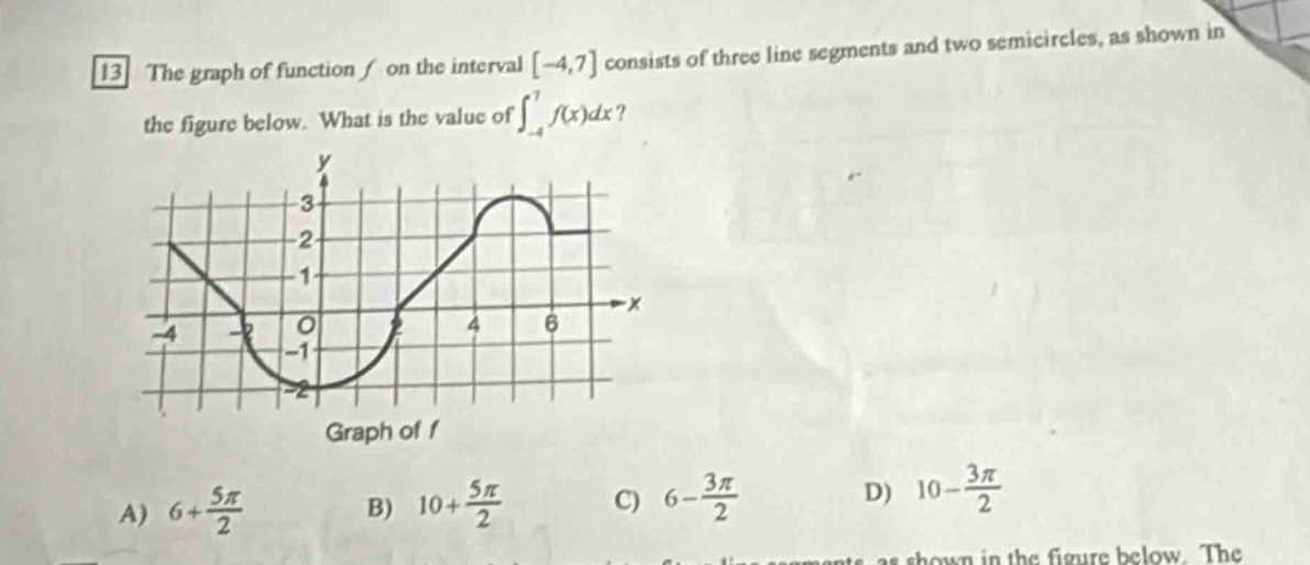 13 the graph of function f on the interval -4,7 consists of three line segments and two semicircles, as shown in the figure below. what is the value of ∫-4,7f(x)dx? graph of f a) 6 + 5π/2 b) 10 + 5π/2 c) 6 - 3π/2 d) 10 - 3π/2