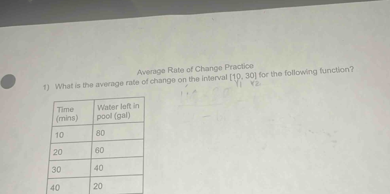 average rate of change practice\n1) what is the average rate of change on the interval 10, 30 for the following function?\n| time (mins) | water left in pool (gal) |\n| ---- | ---- |\n| 10 | 80 |\n| 20 | 60 |\n| 30 | 40 |\n| 40 | 20 |