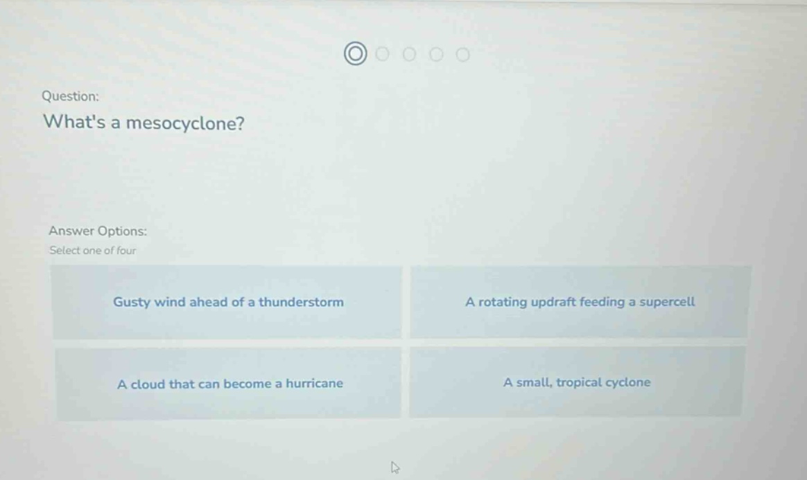question: whats a mesocyclone? answer options: select one of four gusty wind ahead of a thunderstorm a rotating updraft feeding a supercell a cloud that can become a hurricane a small, tropical cyclone