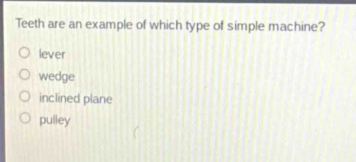 teeth are an example of which type of simple machine?\nlever\nwedge\ninclined plane\npulley