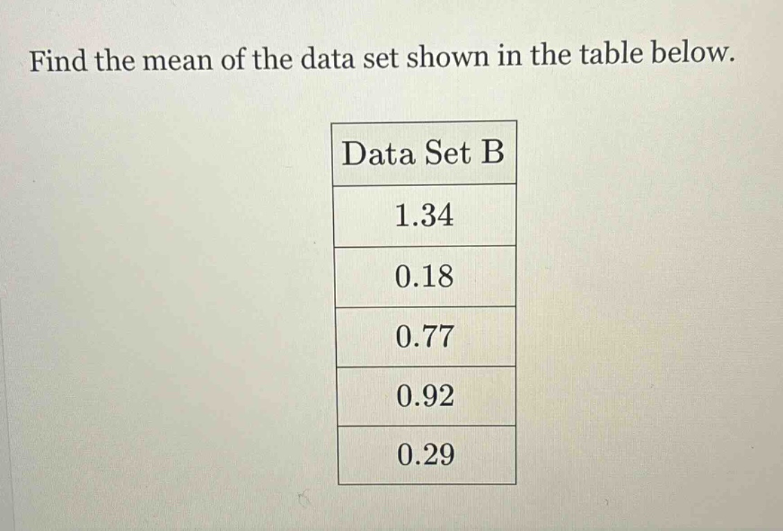find the mean of the data set shown in the table below. data set b 1.34 0.18 0.77 0.92 0.29