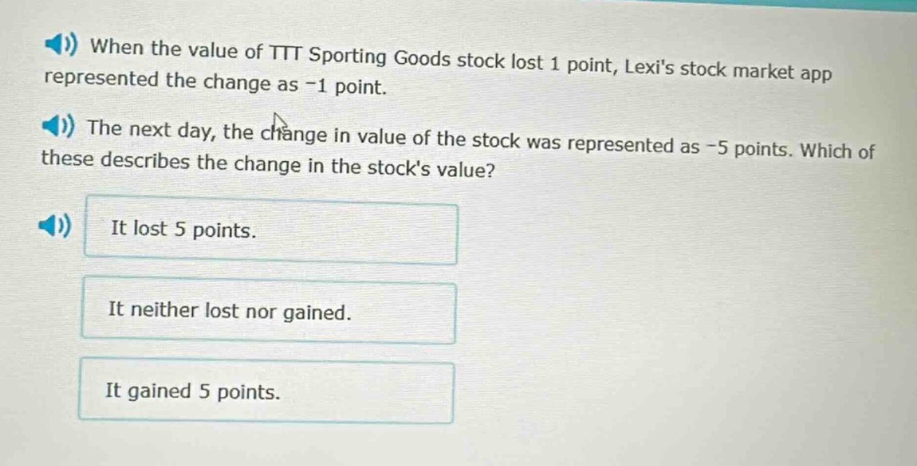 when the value of ttt sporting goods stock lost 1 point, lexis stock market app represented the change as -1 point. the next day, the change in value of the stock was represented as -5 points. which of these describes the change in the stocks value? it lost 5 points. it neither lost nor gained. it gained 5 points.