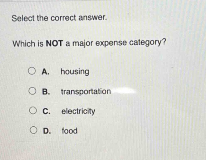 select the correct answer. which is not a major expense category? a. housing b. transportation c. electricity d. food