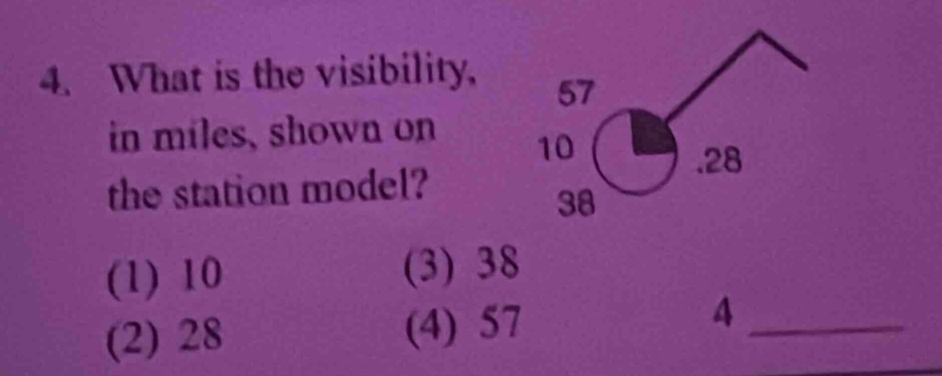 4. what is the visibility, in miles, shown on the station model? (1) 10 (2) 28 (3) 38 (4) 57