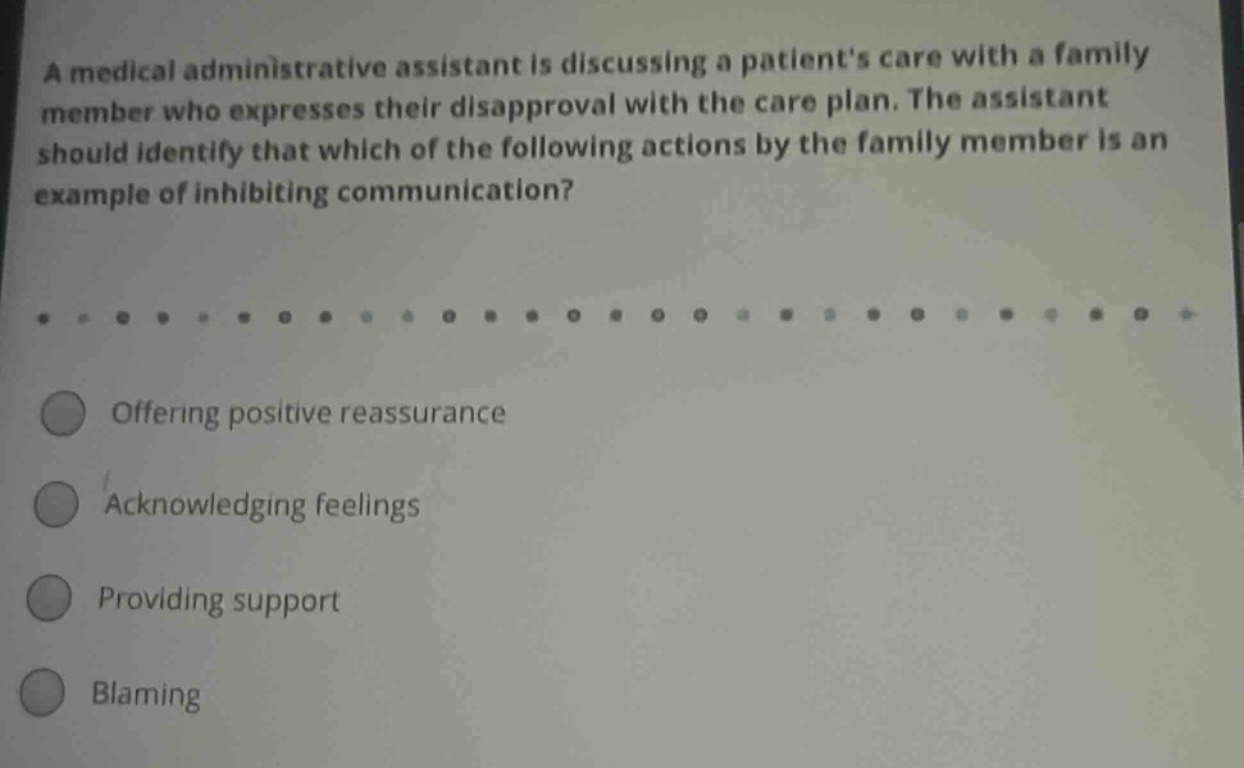a medical administrative assistant is discussing a patients care with a family member who expresses their disapproval with the care plan. the assistant should identify that which of the following actions by the family member is an example of inhibiting communication? offering positive reassurance acknowledging feelings providing support blaming