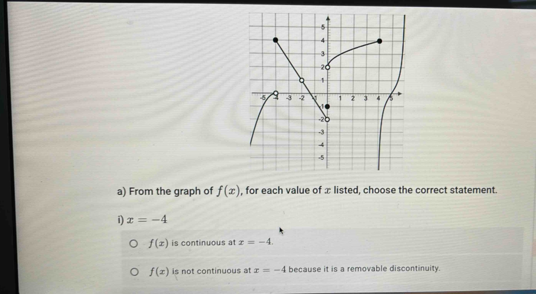 a) from the graph of f(x), for each value of x listed, choose the correct statement. i) x = -4 o f(x) is continuous at x = -4. o f(x) is not continuous at x = -4 because it is a removable discontinuity.