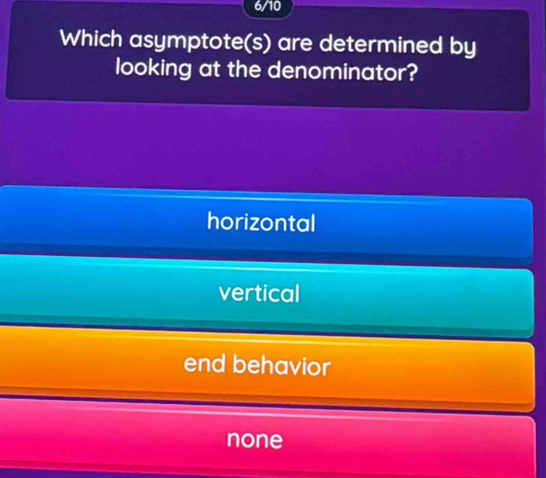 which asymptote(s) are determined by looking at the denominator? horizontal vertical end behavior none