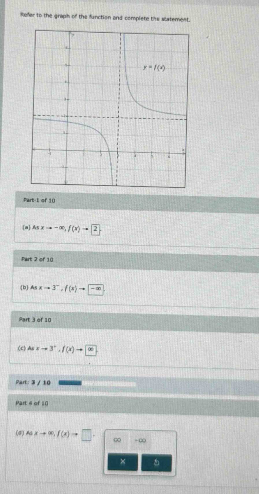 refer to the graph of the function and complete the statement. y = f(x) part - 1 of 10 (a) as x→−∞,f(x)→2. part 2 of 10 (b) as x→3−,f(x)→−∞. part 3 of 10 (c) as x→3+,f(x)→∞. part: 3 / 10 part 4 of 10 (d) as x→∞,f(x)→ ∞ -∞